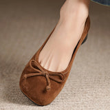 ADVBRIDGE  -  Women's natural suede leather square toe slip-on flats 3cm round low heel sweet bowtie casual female four season shoes for woman
