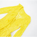 ADVBRIDGE  -  Women's Sexy Yellow Lace Mini Vestidos Chic See Through V Neck Flare Sleeve Tassel Dress 2025 Party Club Wear Slim Fit Dresses