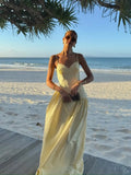 ADVBRIDGE  -  Fashion Solid V Neck Robes Chic Pleated Sleeveless Off Shoulder Puffy Long Dress New Women's Summer Vaction Beach Vestidos 2025