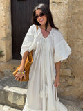 ADVBRIDGE  -  Tassel Fringes Lace Up Women's Long Dresses Elegant V-neck Puff Sleeve Cascading Ruffle Female Robes Female 2025 Beach Vestidos