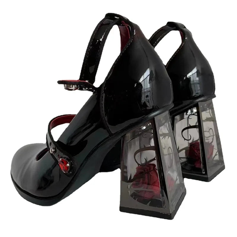 Advbridge Rose Thick Heels Women's Shoes Gothic High Heels Retro Single Shoes Lorita Lori Jk PU Shoes Cos Loli