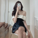 Advbridge One-Shoulder Back Bow Design Dress Women Black White Vestidos French High-Quality Ladies Korean Chic Summer Femme Robe