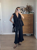 ADVBRIDGE  -  Black Elegant Summer Suits For Women New V Neck Lace-up Sleeveless Tank Top+Ruffle Trouser Fashion Casual Pants Sets 2 Piece Set
