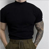 Advbridge Men Clothing Summer Short Sleeve Fitness Gym Training Tees Half High Collar Solid Skinny T-shirt Male Running Ribbed Basic Tops