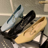 ADVBRIDGE  -  Spring new women's genuine leather crystal chain decoration slip-on Mary Jane pumps 7cm thick high heel elegant ladies shoe