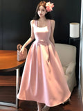 ADVBRIDGE  -  Spring Summer 2025 Pink Elegant Evening Woman Dress French Bow Pleated Square-Collar Length Dresses Abend Kleider New Vestidos