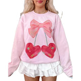 Advbridge Women's Y2K Cute Loose Sweatshirts Hoodie Long Sleeve Round Neck Aesthetic Bow/Cherry Print Pullover Tops Streetwear