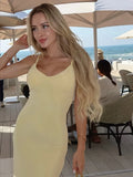 ADVBRIDGE  -  Elegant Solid V Neck Long Dress Chic Slim Fit Sleeveless Off Shoulder Robes New Women's Summer Vacation Beach Party Vestidos