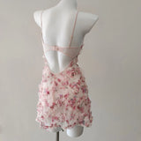 ADVBRIDGE  -  Cute Sleep Dress Lolita Night Women Sleepwear Small Chest Hollow Out Flower Lace Mesh Suspender Nightdress with Panty Pajama Set