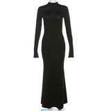 Advbridge Autumn Summer For Women Solid Half Turtleneck Trumpet Sleeves Backless Maxi Dress Sexy Elegant Evening Party Cloth