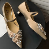 ADVBRIDGE  -  Women's genuine leather flower decoration pointed toe metal buckle slip-on Mary Jane pumps elegant ladies wedding kitten heels