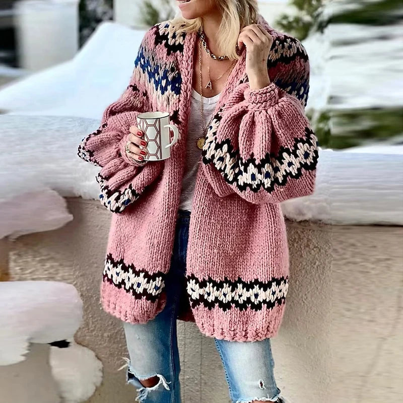 Advbridge Winter Casual Print Thickened Warm Cardigan Elegant Lantern Sleeve Knitted Outwear Women's Jacquard Street Loose Sweater Outwear