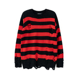 Advbridge High Street Retro Punk Red and Black Stripes Autumn Sweater Men Loose Ripped Hole Tassel Pullover Round Neck Casual Clothes