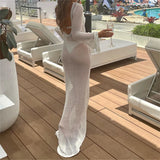 ADVBRIDGE  -  Backless Long Knit Beach Dress Women Holiday Casual See-Through Long Sleeve O Neck Hollow Out Long Dress Bikini Cover Up