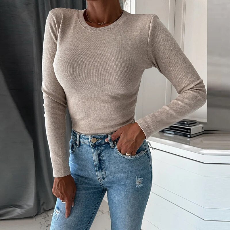 Advbridge OL Style Rib Long Sleeve Jumper Knitting Autumn Slim Women Basic Office Knit Pullovers  Winter Solid Round Neck Sweaters