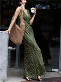 ADVBRIDGE  -  Summer Fashion Green Polka Dot Dress Women French Retro Elegant Slim Long Womens Dresses V-neck Sleeveless Silk Vestido