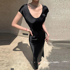 Advbridge -  Sweet Hot Girl Acetate Elegant Dress Women's Spring O-neck Satin Flying Sleeve Slim Fit Long Dress Fashion Female Clothes