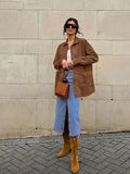 Advbridge Casual Suede Long Sleeve Jackets Women Autumn Loose Brown Lapel Jacket Coat With Pockets Female Elegant Chic Street Outwear
