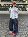Advbridge Baggy Plaid Jeans Pants Women Retro Harajuku Letter Embroidery Korean Straight Wide Leg Denim Trousers Y2k HipHop Casual
