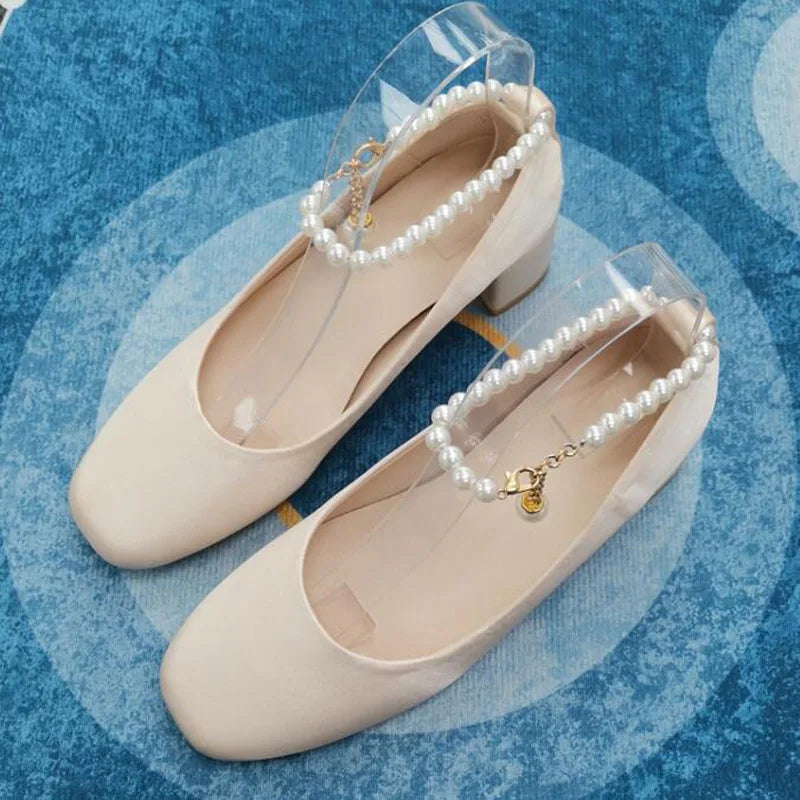 Advbridge  -  Mary Jane Square Heel Ankle Strap Party Wedding Work Comfort Breathable Square Toe Shoes For Women Satin Pearls Pumps Apricot