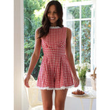 Advbridge Plaid Red Lace Summer Romper Women Wide Leg High Waist Sleveless Playsuit Casual Beach Back Zip Blue Short Jumpsuit