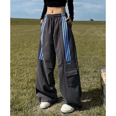 Advbridge Women Streetwear Sweatpants American Retro Striped Loose Wide Leg Pants Casual Female Large Pocket Cargo Trousers New