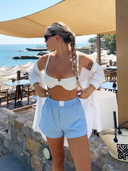 Advbridge Stripes Crop Top+shirt 2 Pcs Outfits Women Casual Summer Autumn Casual Set Blue Matching Set Shorts Set Female Suit