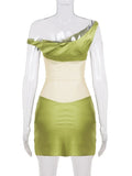 ADVBRIDGE  -  Elegant Light Green Satin One-Shoulder Sheer Mesh Bodycon Mini Dress Women Sexy See Through Ruched Slim Summer Party Dress