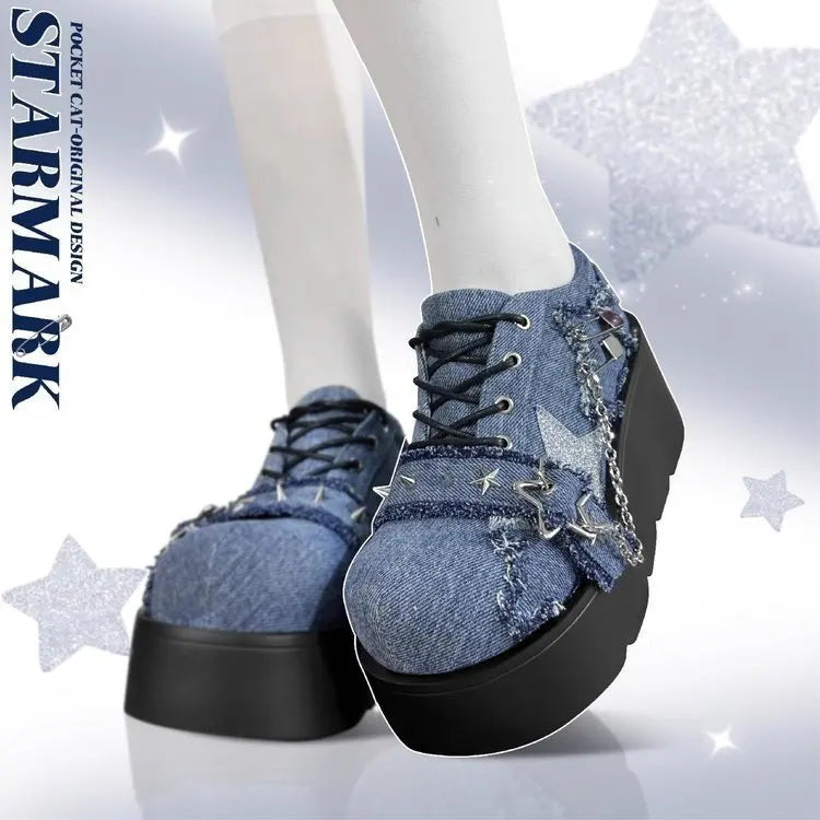 Advbridge 2024 New Y2K Star Print Chunky Platform Ankle Boots Women Metal Chain Blue Denim Boots Woman Cute Thick Bottom Jk Lolita Shoes