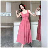 ADVBRIDGE  -  Summer Rose Pink Suspenders Strap Dresses Sweet Women Square Collar Ruffle Cute Backless Sexy Elegant Dress Female Casual