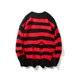 Advbridge High Street Retro Punk Red and Black Stripes Autumn Sweater Men Loose Ripped Hole Tassel Pullover Round Neck Casual Clothes