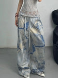Advbridge Jeans Tie Dyeing Lace Up Tattered High Waist Women Hip-Hop Style Streetwear Y2K Wide Leg Jean Plus Size Female Baggy Denim Pants