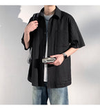 ADVBRIDGE  -  Men's Vertical Stripe Lapel Textured Loose-Fit Short Sleeve Shirt Casual Breathable Top Comfortable Wear, Trendy Summer Style