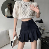 Advbridge  Pleated Denim Skirts For Women's Summer Black Pocket Y2k Fashion Casual Korean Style Jean Short Skirts High Waisted Washed Loose