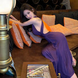 ADVBRIDGE  -  Elegant Sexy Halter Purple Dress Women Strap Backless Solid Summer Dress Vacation Holiday Birthday Party Engagement Chic Vestido