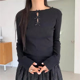 Advbridge Fashion All-match Long Sleeve Knitted Tops Women Y2k E-Girl O-neck Hollow Out Bow T-shirts 2025 Summer New Slim Fit Tee Shirt