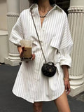 Advbridge White Stripe Shirt Dress Women Autumn Spring Slit Casual Oversize Single Breasted Turn Down Collar Short Summer Dress