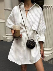Advbridge White Stripe Shirt Dress Women Autumn Spring Slit Casual Oversize Single Breasted Turn Down Collar Short Summer Dress