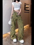 Advbridge American New Vintage Old Multi-pocket Tooling Jeans Female Y2K Harajuku Style Fashion Embroidery Baggy Slim Wide Leg Mop Pants