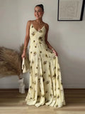 ADVBRIDGE  -  Printed Halter Women Dress V-Neck Waist Cinching Slimming  Silk Satin Sexy Suspender Robes Pleated Beach Long Dresses Summer New