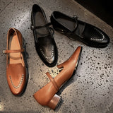 ADVBRIDGE  -  women's cow leather metal buckle slip-on flats Mary Jane loafers round toe rivet decoration casual female daily moccasins shoes