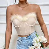 Advbridge-Women Feather Bustier Camisole Bare Shoulder Sleeveless Crop Tops Sexy Strapless Boned Corset Slim Lingerie Tank Top Streetwear