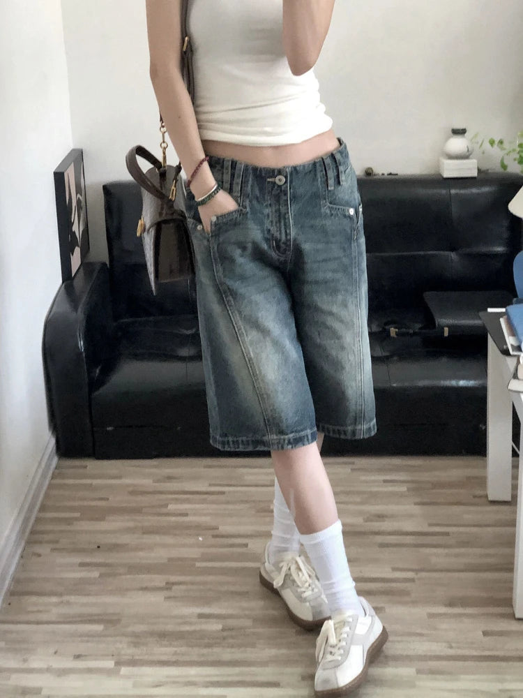 Advbridge Y2K Vintage Denim Shorts Women Baggy High Waist Korean Streetwear Wide Leg Jorts Casual Oversize Washed Summer Jeans