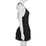 ADVBRIDGE  -  Women's Halter Deep V-neck Hollow Lace See-through High Waisted Strappy Ruched Mini Solid Tank Dress Vacation Club Summer Outfit