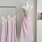 ADVBRIDGE  -  Summer Gentle Spaghetti Strap Chiffon Dress Women Korean V-Neck Lace Splicing Print Slim Long Dresses Pink Female Clothing