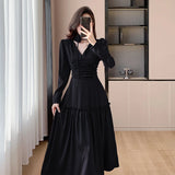 Advbridge 2024 Autumn New Elegant Chic Satin Midi Dresses for Women Fashion V-neck Long Sleeve Pleated Ruffles Prom Party Female Clothing