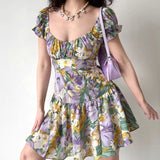 ADVBRIDGE  -  French Retro Oil Painting Dress Summer Women's Clothing 2025 New Floral Printed A-line Ruffles Mini Dresses Lace-up Vestidos