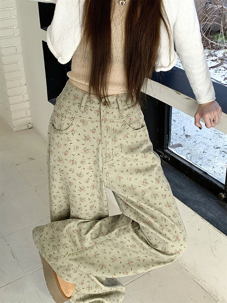 Advbridge Trendy Vintage Flower Jeans Women High Waist Wide Leg Straight Pants Denim Trousers Green Floral Baggy Pants with Pocket Fashion