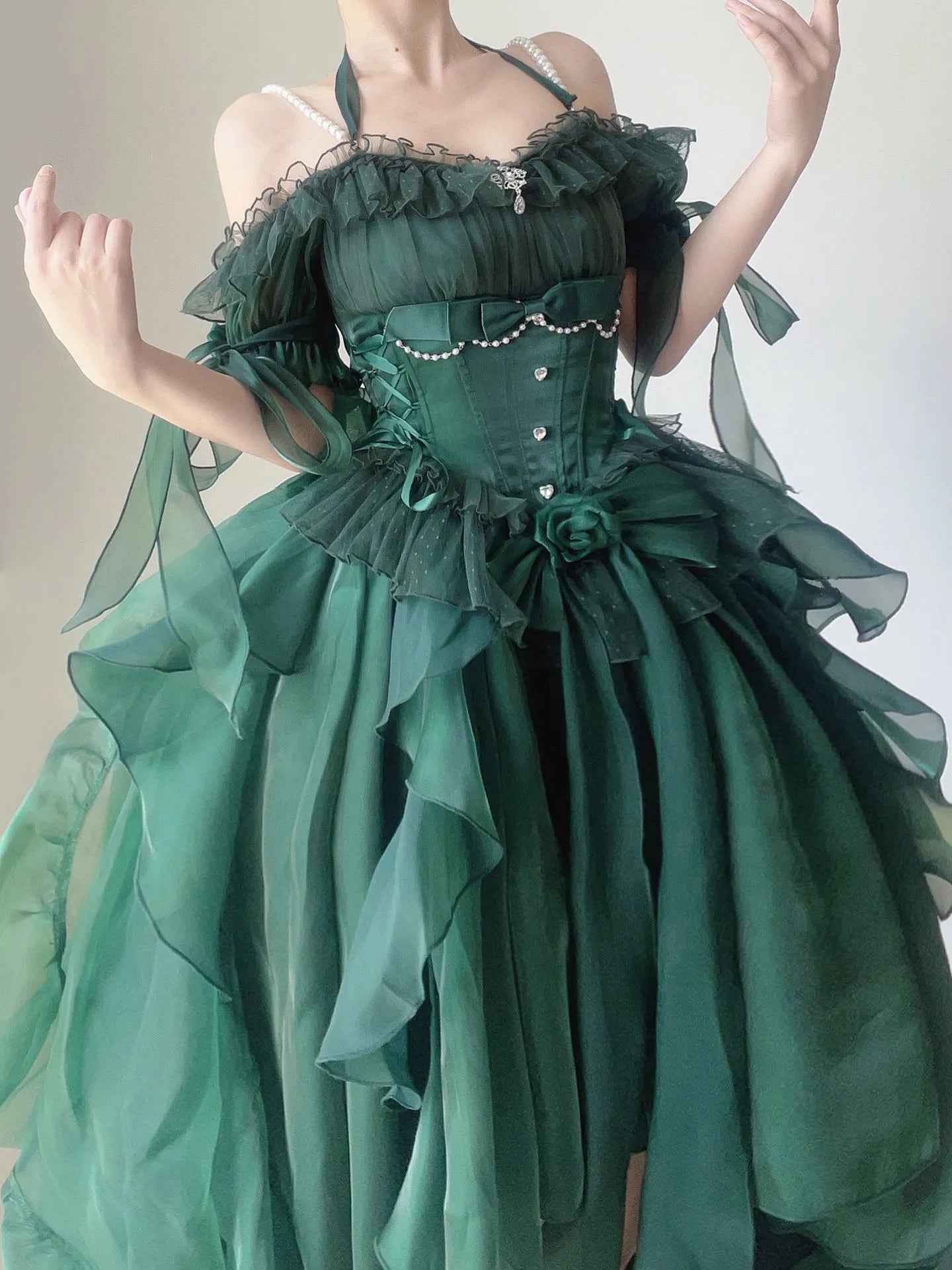 Advbridge  Green Flower Wedding Dress Cos Op Dress Lolita Heavy Industry Trail Puffy Princess Dress Lolita Cosplay Passionate Dress Set