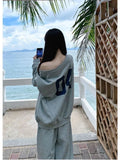Advbridge Casual 2 Piece Sets Women Outfit Pant Sets Oversized Korean Style Jersey Set Vintage Letter Print Off Shoulder Tracksuit